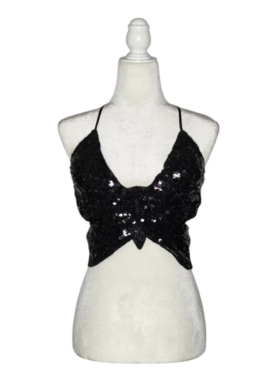 Black Sequin Butterfly Bra Top Beaded Festival Rave Belly Dance Open Back OS